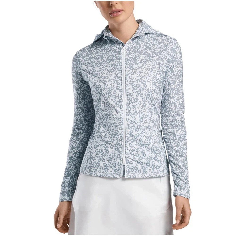 G/Fore Womens Floral Hooded  Full Zip Jacket Top‎ Size S White Grey Golf GFore